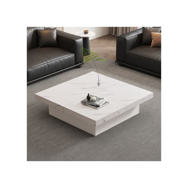 Modern kvadratisk vit soffbord marmor-effekt 90 x 90 x 25 cm - 4 lådor, utdragbar skiva, max. belastning 30 kg
