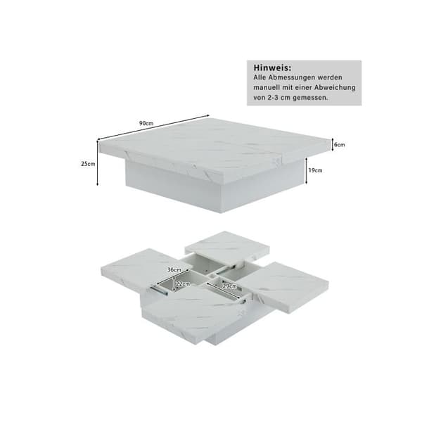 Modern kvadratisk vit soffbord marmor-effekt 90 x 90 x 25 cm - 4 lådor, utdragbar skiva, max. belastning 30 kg