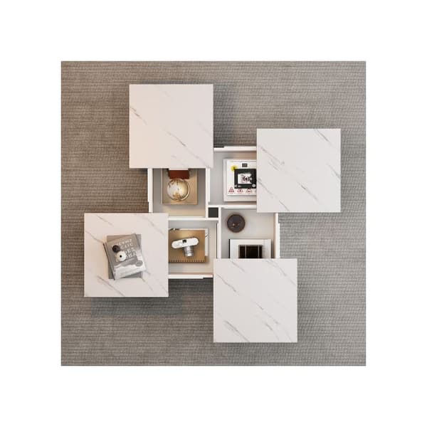 Modern kvadratisk vit soffbord marmor-effekt 90 x 90 x 25 cm - 4 lådor, utdragbar skiva, max. belastning 30 kg