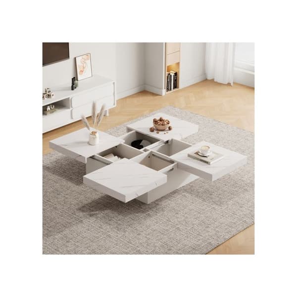 Modern kvadratisk vit soffbord marmor-effekt 90 x 90 x 25 cm - 4 lådor, utdragbar skiva, max. belastning 30 kg