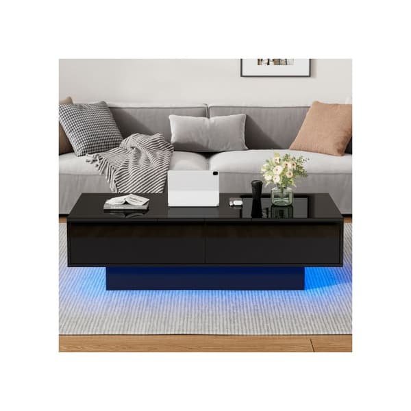 Modern soffbord i glänsande svart, 115 x 55 x 34 cm, med 2 lådor, LED-belysning och en viktkapacitet på 30 kg.