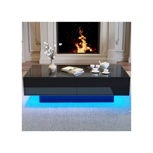 Modern soffbord i glänsande svart, 115 x 55 x 34 cm, med 2 lådor, LED-belysning och en viktkapacitet på 30 kg.