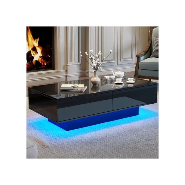 Modern soffbord i glänsande svart, 115 x 55 x 34 cm, med 2 lådor, LED-belysning och en viktkapacitet på 30 kg.