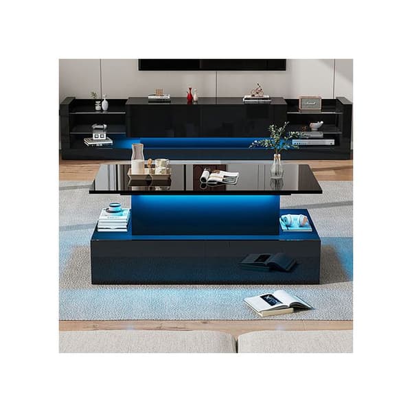 Modern svart glänsande soffbord med LED-belysning och 4 lådor - Elegant sidobord 90x55x41 cm