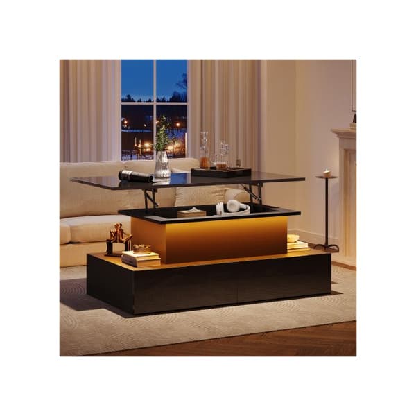 Modern svart glänsande soffbord med LED-belysning och 4 lådor - Elegant sidobord 90x55x41 cm