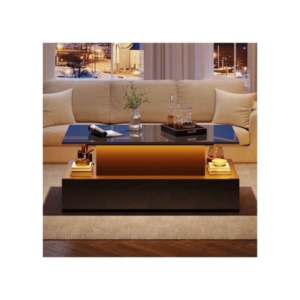 Modern svart glänsande soffbord med LED-belysning och 4 lådor - Elegant sidobord 90x55x41 cm