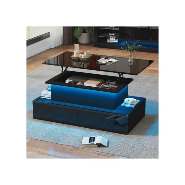 Modern svart glänsande soffbord med LED-belysning och 4 lådor - Elegant sidobord 90x55x41 cm