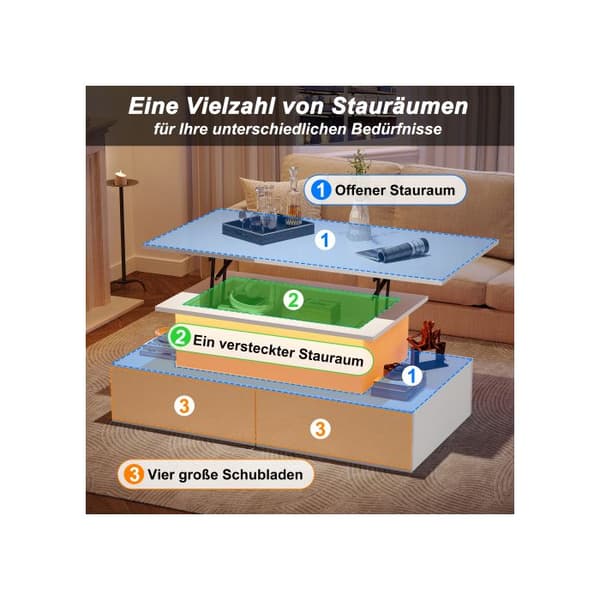 Modern låg vit glänsande med LED-belysning och 4 lådor - 90x55x41, max. belastning 30 kg