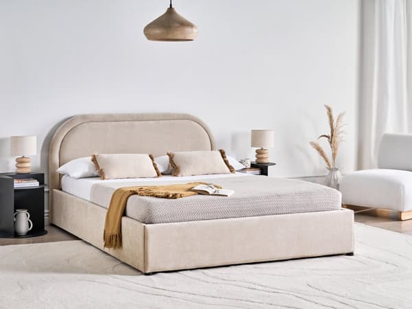 Dobbeltseng Beige Stoff 140 x 200 cm Polstret Ramme Nakkestøtte med Oppbevaring