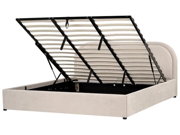 Dobbeltseng Beige Stoff 180 x 200 cm Polstret Ramme Nakkestøtte med Oppbevaring