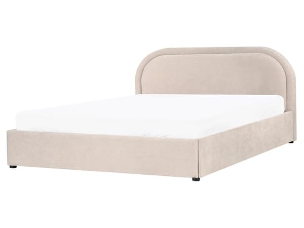 Dobbeltseng Beige Stoff 160 x 200 cm Polstret Ramme Nakkestøtte med Oppbevaring