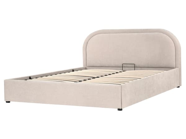 Dobbeltseng Beige Stoff 160 x 200 cm Polstret Ramme Nakkestøtte med Oppbevaring
