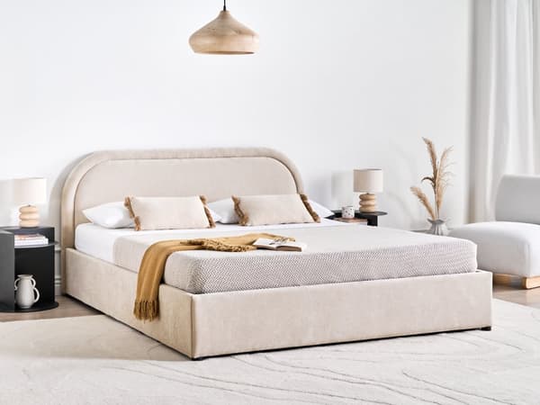 Dobbeltseng Beige Stoff 160 x 200 cm Polstret Ramme Nakkestøtte med Oppbevaring