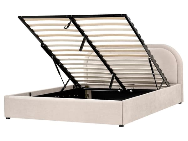 Dobbeltseng Beige Stoff 160 x 200 cm Polstret Ramme Nakkestøtte med Oppbevaring