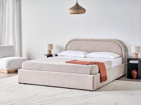 Dobbeltseng Taupe Stoff 160 x 200 cm Polstret Ramme Nakkestøtte med Oppbevaring