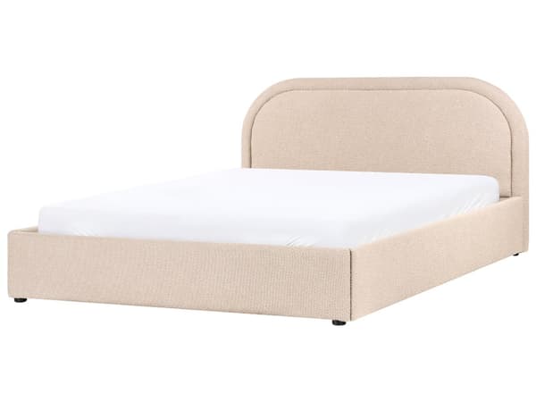 Dobbeltseng Beige Boucle 160 x 200 cm Polstret Ramme Nakkestøtte med Oppbevaring