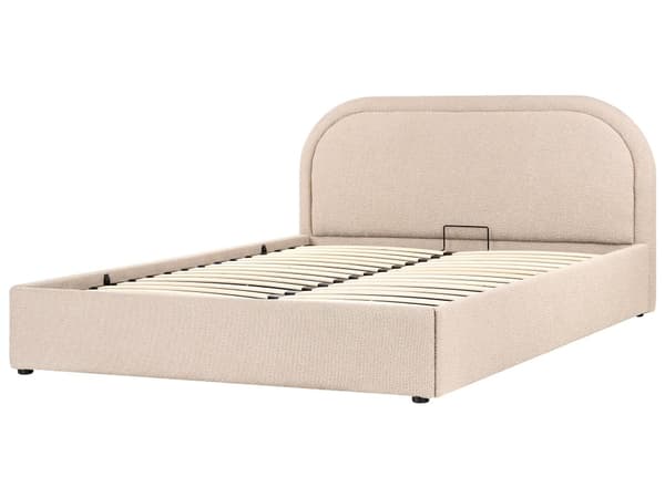 Dobbeltseng Beige Boucle 160 x 200 cm Polstret Ramme Nakkestøtte med Oppbevaring
