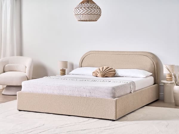 Dobbeltseng Beige Boucle 160 x 200 cm Polstret Ramme Nakkestøtte med Oppbevaring