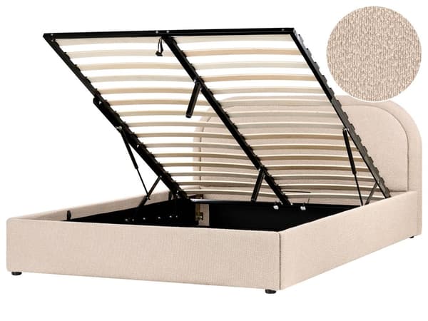 Dobbeltseng Beige Boucle 160 x 200 cm Polstret Ramme Nakkestøtte med Oppbevaring