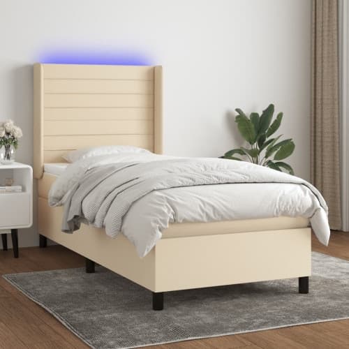 Ramsäng med madrass & LED gräddvit 100x200 cm tyg