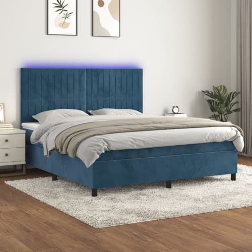 Ramsäng med madrass & LED mörkblå 160x200 cm sammet