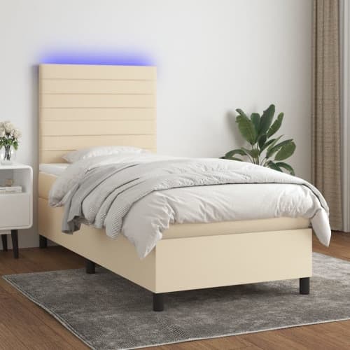 Ramsäng med madrass & LED gräddvit 90x200 cm tyg