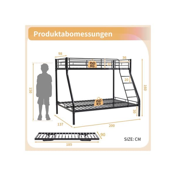Metallöversäng med halkfri toalettväska 138 x 200 cm/98 x 200 cm, svart