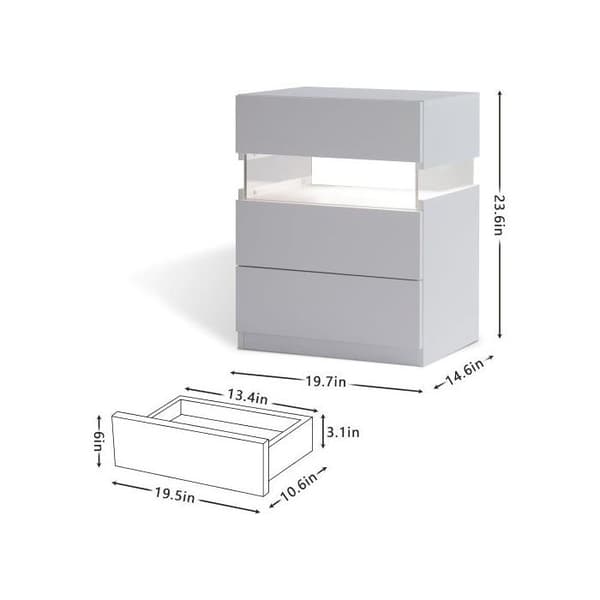 LED nattskjorte med 3 skuffer til soverom med akrylpanel LED nattskjorte (hvit)