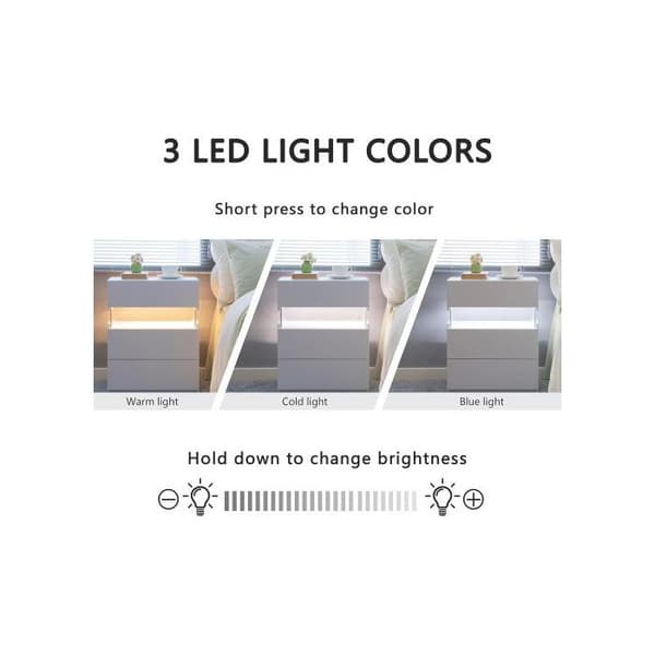 LED nattskjorte med 3 skuffer til soverom med akrylpanel LED nattskjorte (hvit)