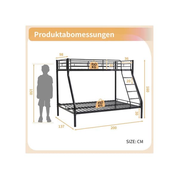 Bädd för barn, överslafen 98x200 cm, underslafen 137x200 cm, svart glänsande