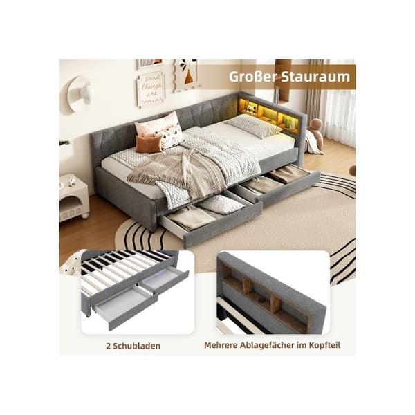 Sovande, 90*200 cm, Dagbädd, Sofabed, Förvaringsutrymme för sängen, USB+Typ C (utan madrass), Linne, Grå