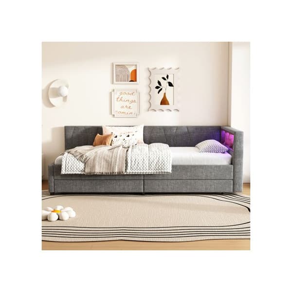 Sovande, 90*200 cm, Dagbädd, Sofabed, Förvaringsutrymme för sängen, USB+Typ C (utan madrass), Linne, Grå