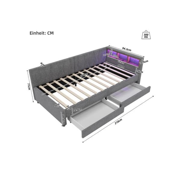 Sovande, 90*200 cm, Dagbädd, Sofabed, Förvaringsutrymme för sängen, USB+Typ C (utan madrass), Linne, Grå