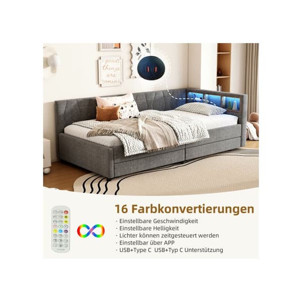 Sovande, 90*200 cm, Dagbädd, Sofabed, Förvaringsutrymme för sängen, USB+Typ C (utan madrass), Linne, Grå