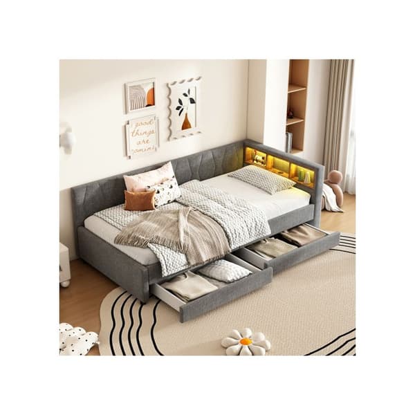 Sovande, 90*200 cm, Dagbädd, Sofabed, Förvaringsutrymme för sängen, USB+Typ C (utan madrass), Linne, Grå