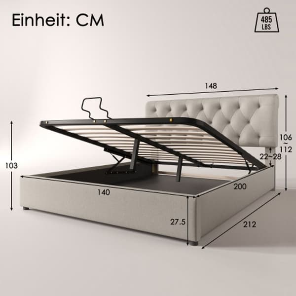 Hydraulisk säng 140x200 cm, justerbar säng Dubbelsäng med metallribbad, naturlig färg, utan madrass