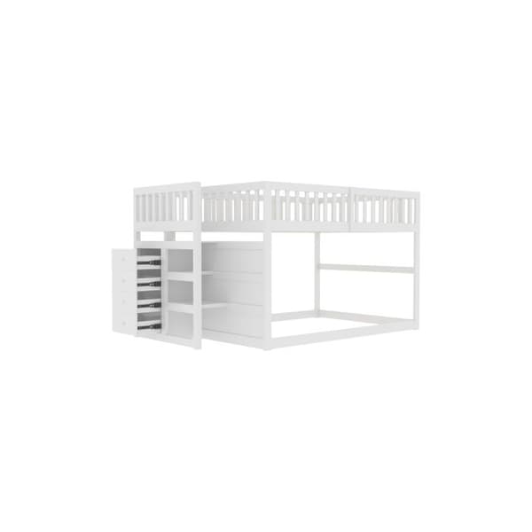 Bunksäng låg 140 x 200 cm, säkerhetsbunksäng med förvaringsutrymme, design med hög avskärmning, träbädd, vit