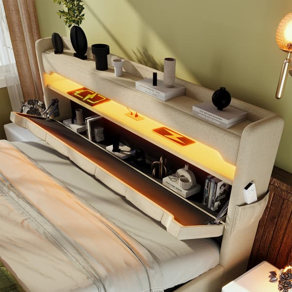 140*200cm beige dobbeltpolstret seng med USB og Type C, 360° surround LED, med hydraulisk opbevaring, ingen madras