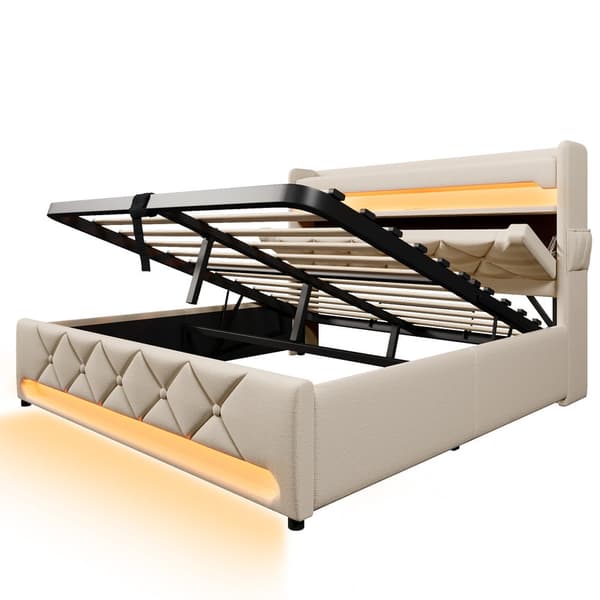 140*200cm beige dobbeltpolstret seng med USB og Type C, 360° surround LED, med hydraulisk opbevaring, ingen madras