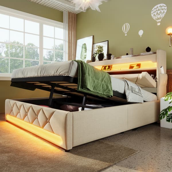 160*200cm beige dobbeltpolstret seng med USB og Type C, 360° surround LED, med hydraulisk opbevaring, ingen madras
