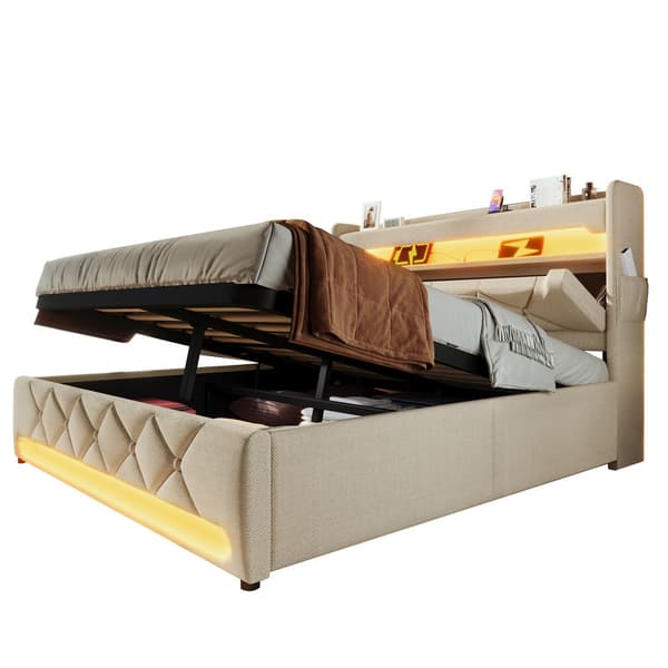 160*200cm beige dobbeltpolstret seng med USB og Type C, 360° surround LED, med hydraulisk opbevaring, ingen madras