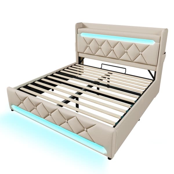 160*200cm beige dobbeltpolstret seng med USB og Type C, 360° surround LED, med hydraulisk opbevaring, ingen madras
