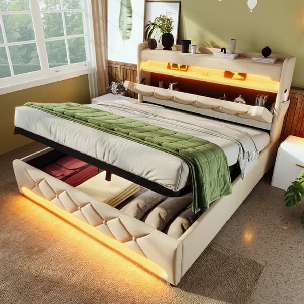 160*200cm beige dobbeltpolstret seng med USB og Type C, 360° surround LED, med hydraulisk opbevaring, ingen madras