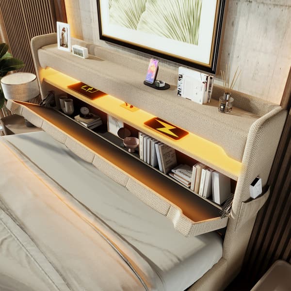 180*200cm beige dobbeltpolstret seng med USB og Type C, 360° surround LED, med hydraulisk opbevaring, ingen madras