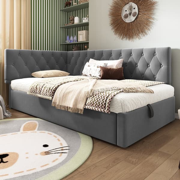 90x200cm grå polstret seng, sovesofa, med hydraulisk opbevaring, med trælamelbund, fløjl, uden madras