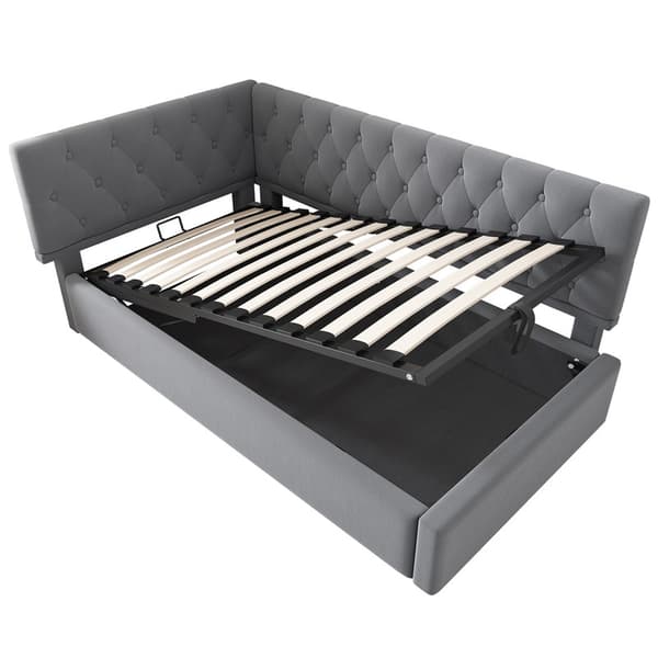 90x200cm grå polstret seng, sovesofa, med hydraulisk opbevaring, med trælamelbund, fløjl, uden madras