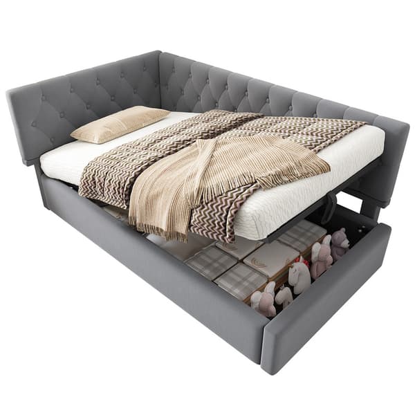 90x200cm grå polstret seng, sovesofa, med hydraulisk opbevaring, med trælamelbund, fløjl, uden madras