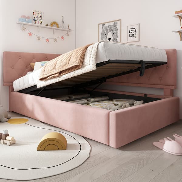90x200cm rosa stoppad säng, bäddsoffa, med hydraulisk förvaring, med träribbbotten, sammet, utan madrass