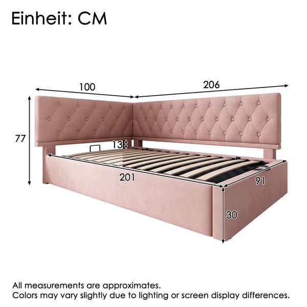 90x200cm rosa stoppad säng, bäddsoffa, med hydraulisk förvaring, med träribbbotten, sammet, utan madrass