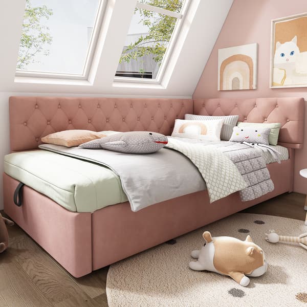 90x200cm rosa stoppad säng, bäddsoffa, med hydraulisk förvaring, med träribbbotten, sammet, utan madrass